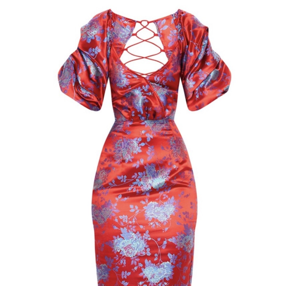 Red Floral Jacquard Lace Up Back Midi Dress
